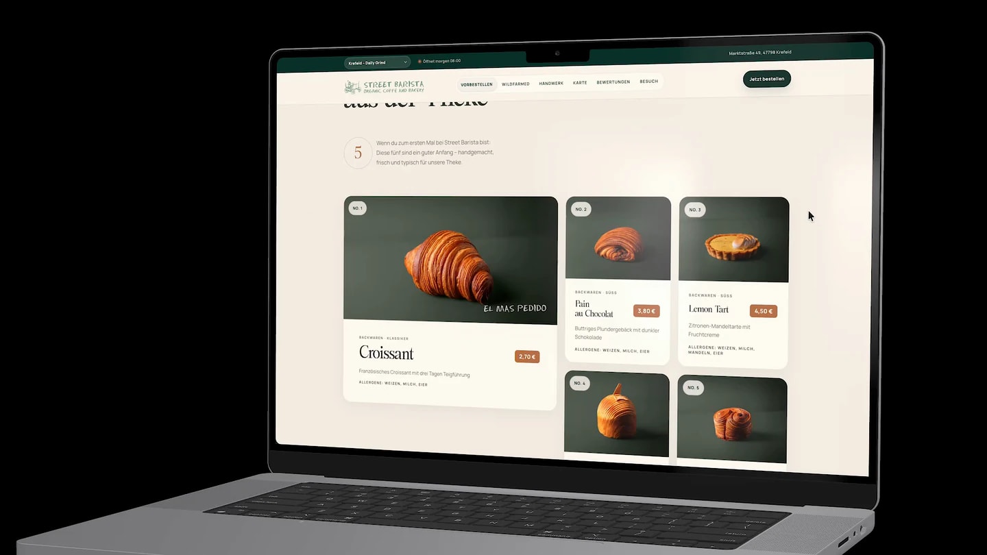 Animierte Street-Barista-Markenwelt mit redaktioneller Startseite, Produktauswahl und originaler Produktfotografie.