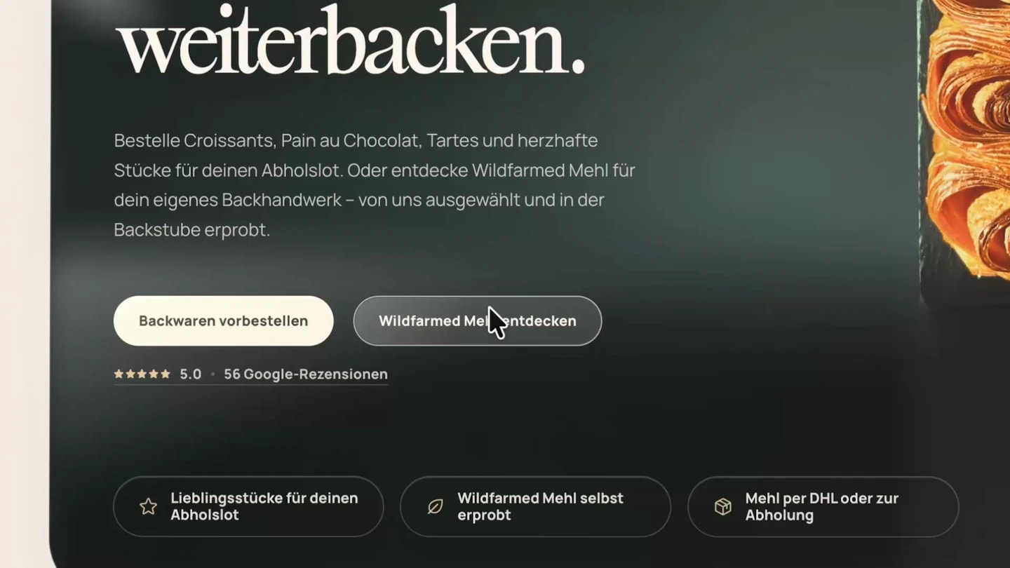 Animierter Street-Barista-Wildfarmed-Shop mit Mehlfamilien, Gebindegrößen, Warenkorb und Versandwahl.