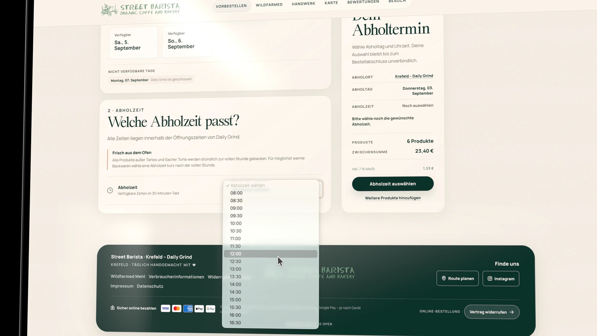 Street-Barista-Bestellseite mit gewähltem Abholtag, Zeitfenster, Warenkorb und klarer Bestellübersicht.