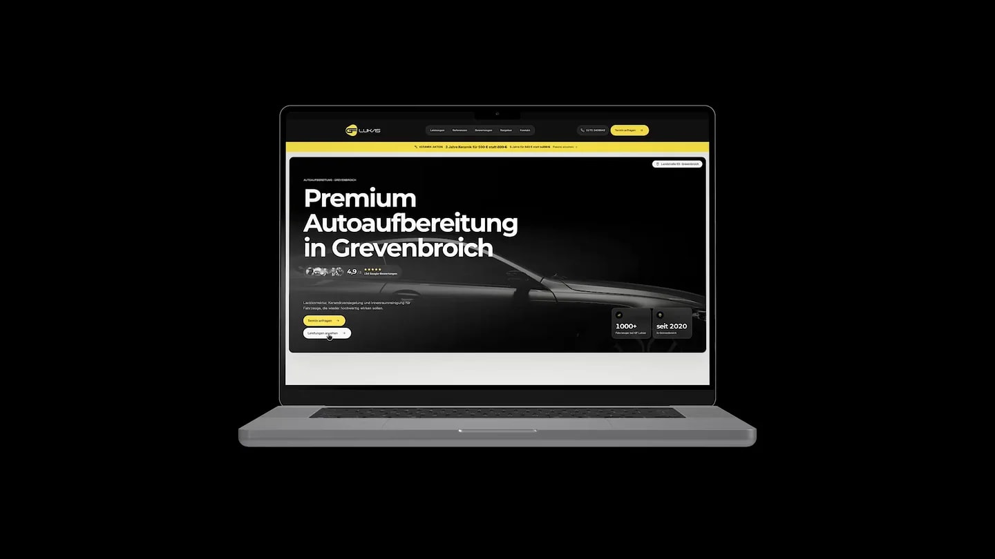 Desktopansicht der GF Lukas Startseite mit schwarzem Fahrzeug, Leistungsversprechen, Google-Bewertung und Terminbutton.