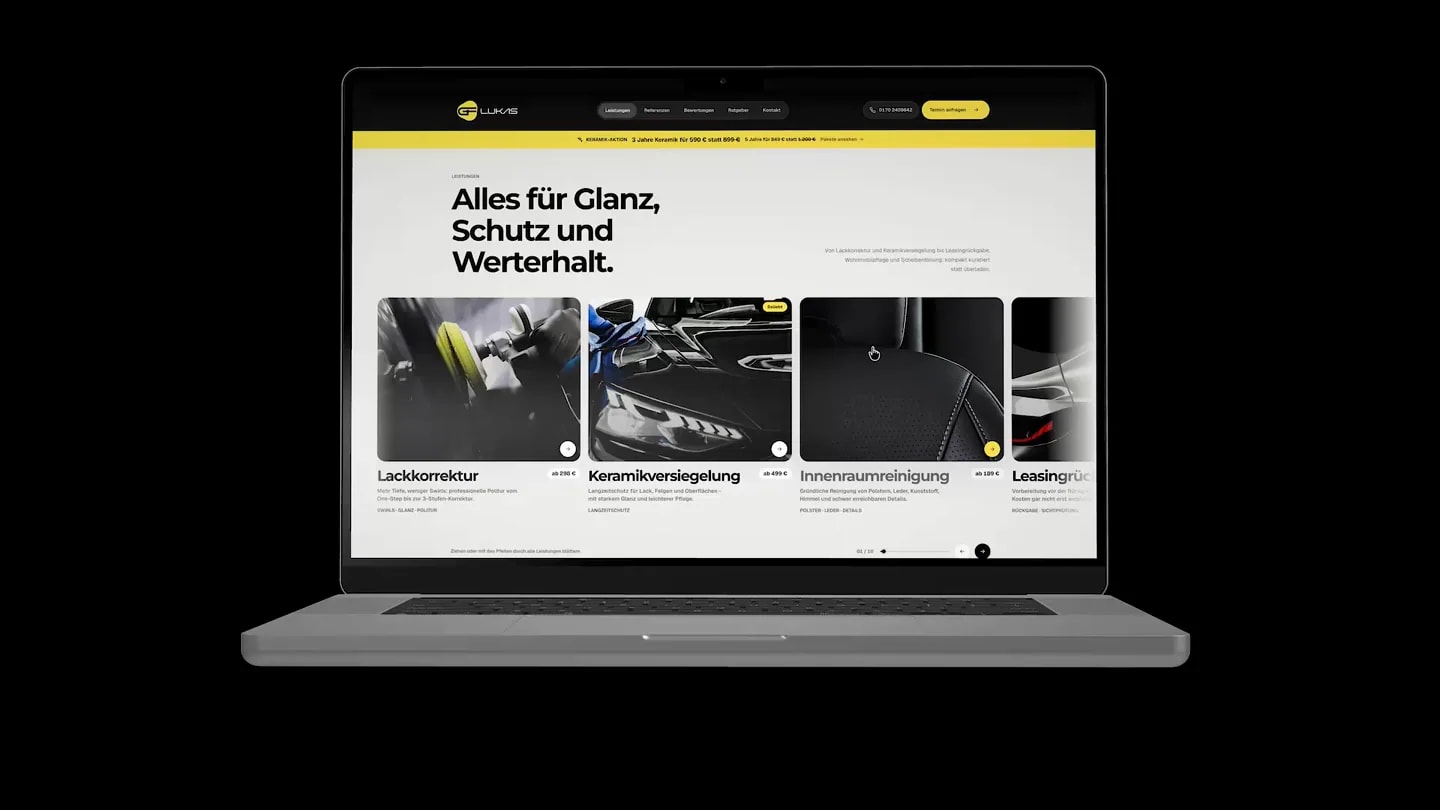 Desktopansicht der GF Lukas Leistungsübersicht mit Lackkorrektur, Keramikversiegelung, Innenraumreinigung und weiteren Angeboten.