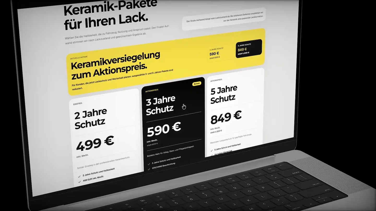 Desktopansicht der GF Lukas Keramikschutz-Pakete mit zwei, drei und fünf Jahren Schutz sowie klaren Preisen und Auswahl-Buttons.