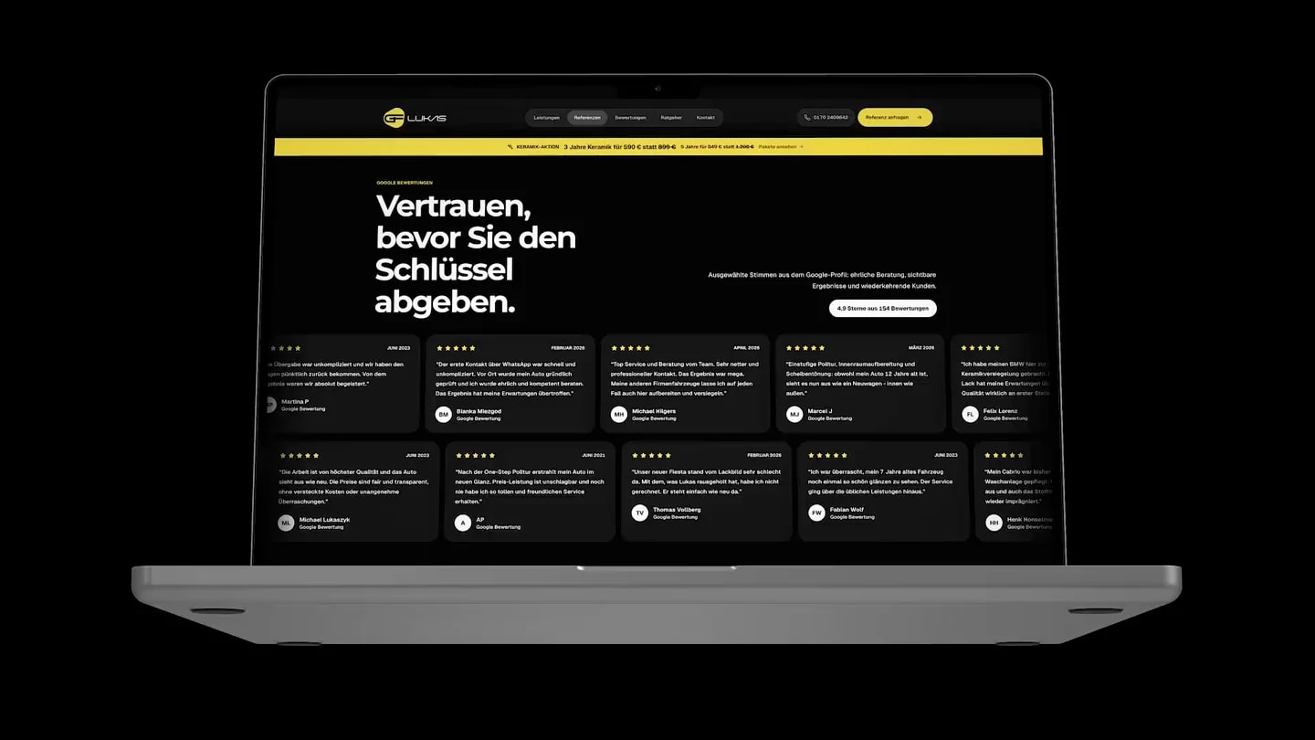 Desktopansicht der GF Lukas Bewertungsseite mit großer Vertrauensbotschaft und mehreren Google-Kundenstimmen.
