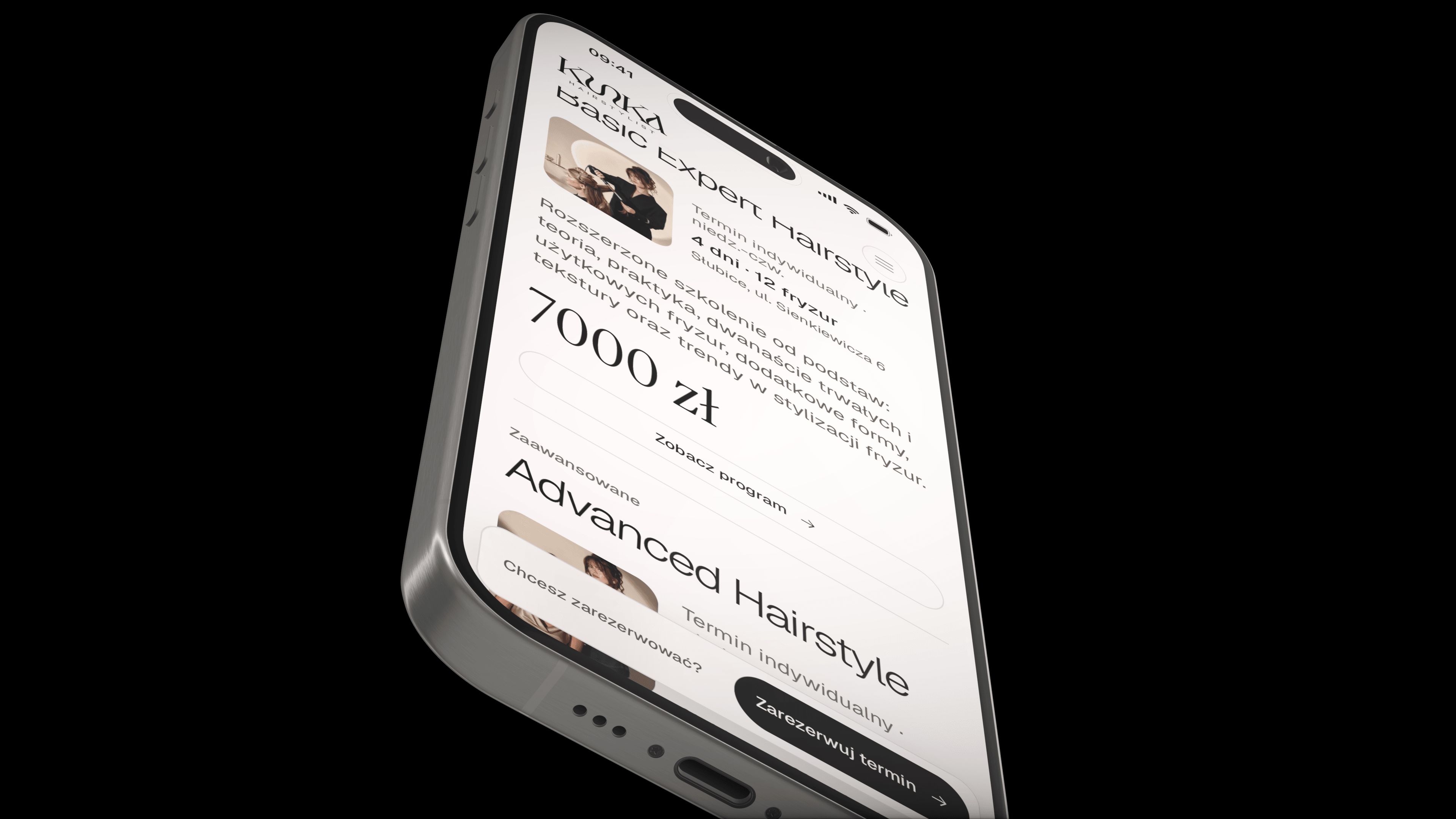 Perspektivische mobile Ansicht der Kunka-Hair-Schulungsseite mit Basic und Advanced Hairstyle Angebot.