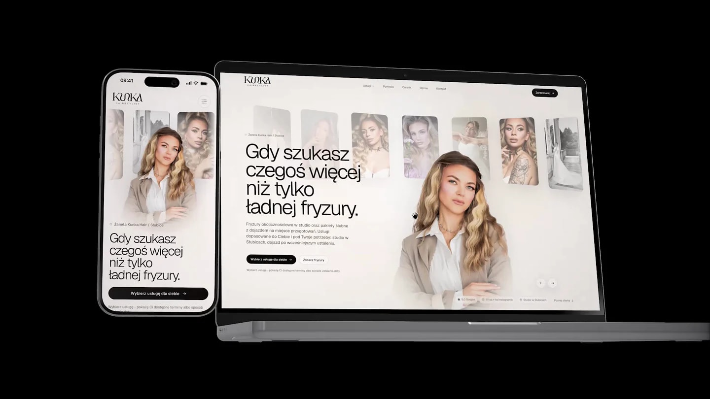 Abschließende Komposition aus Kunka-Hair-Startseite, mobiler Leistungswahl, Buchungsrouter, Schulungsseiten und einer reduzierten Prozessübersicht.